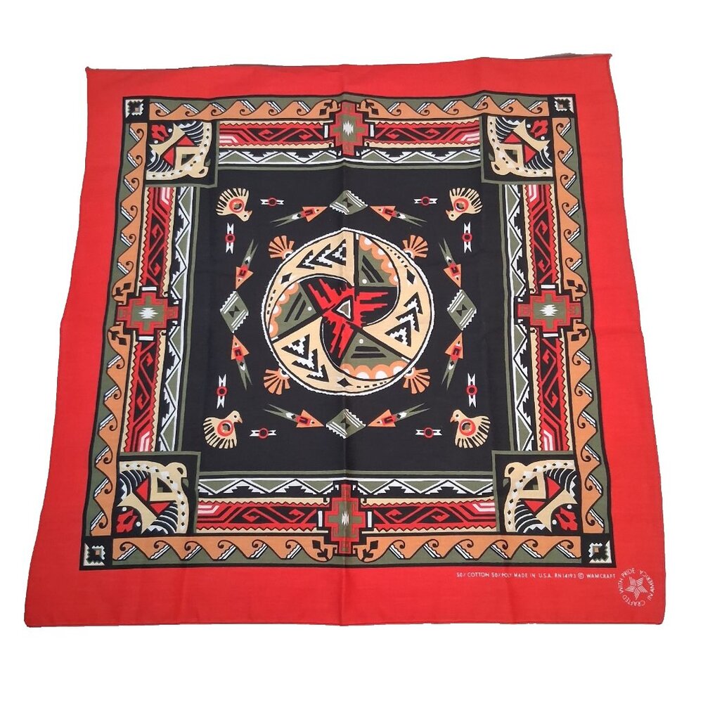 Vintage Wamcraft Bandana Scarf Red Black Native American Southwest Bird USA